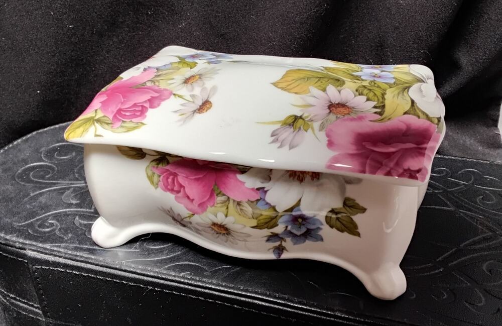 Royal Stafford Trinket Box Bone China Multi colored Floral Roses Burgany purple